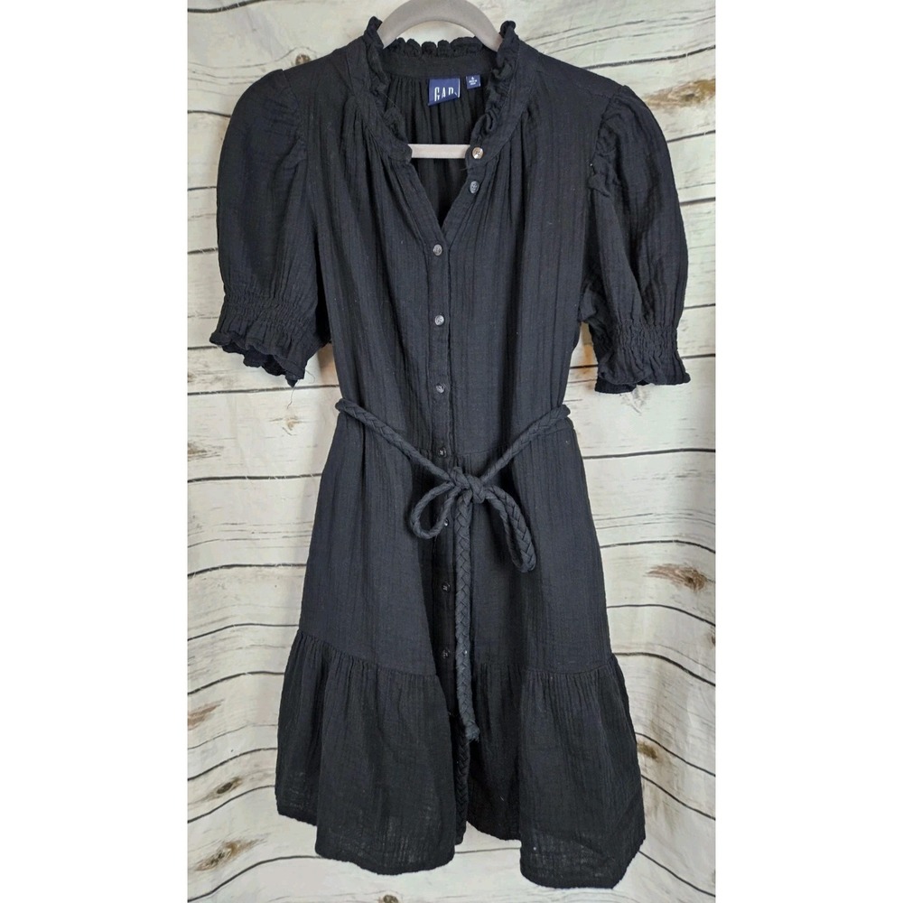 GAP Black Cotton Gauze Ruffle Peasant Shirt Dress Boho Puff Sleeves Tie Belt